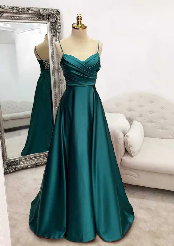 sleeveless prom dressesFloor-Length Satin Green Prom Dress A-line  With Pleated