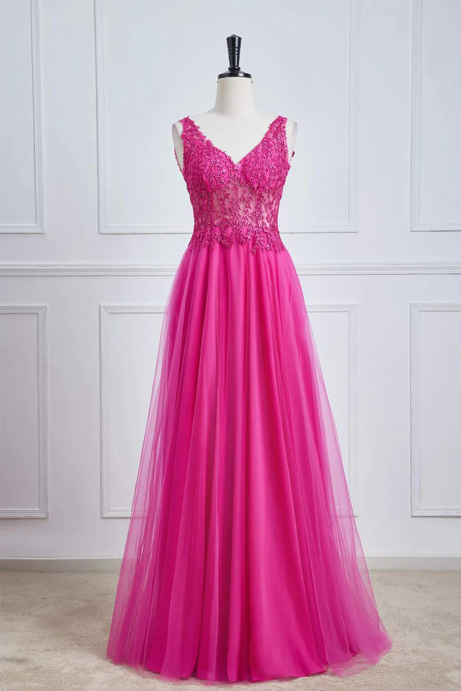 satin prom dressesFuchsia A-line Long Prom Dress Magenta Plunging V Neck Floral