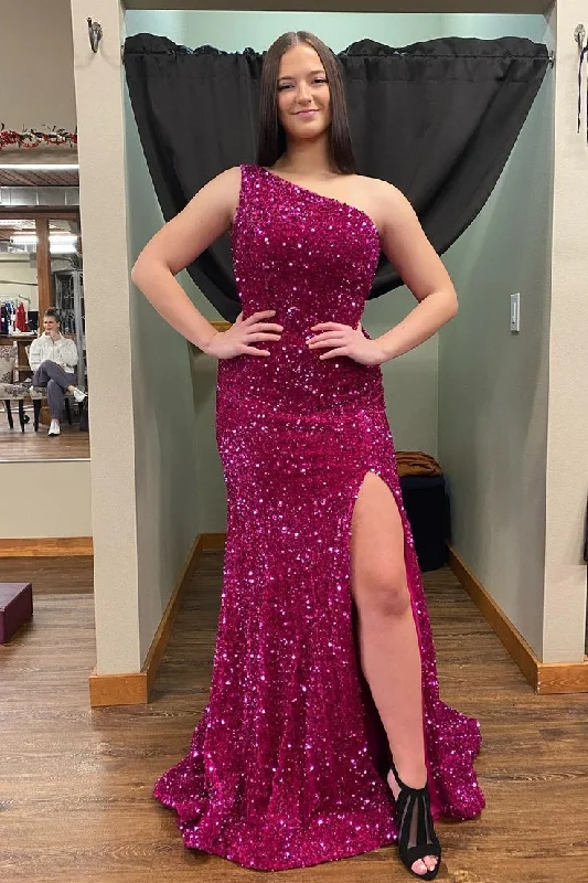 prom dress style guidesFuchsia Sequin Prom Dress Long Mermaid Formal Dress Magenta One Shoulder