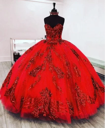 illusion sleeve prom dressesGlitter 3D Flowers Red 2025 Quinceanera Dresses Sweetheart Sweet 15 Prom Dress