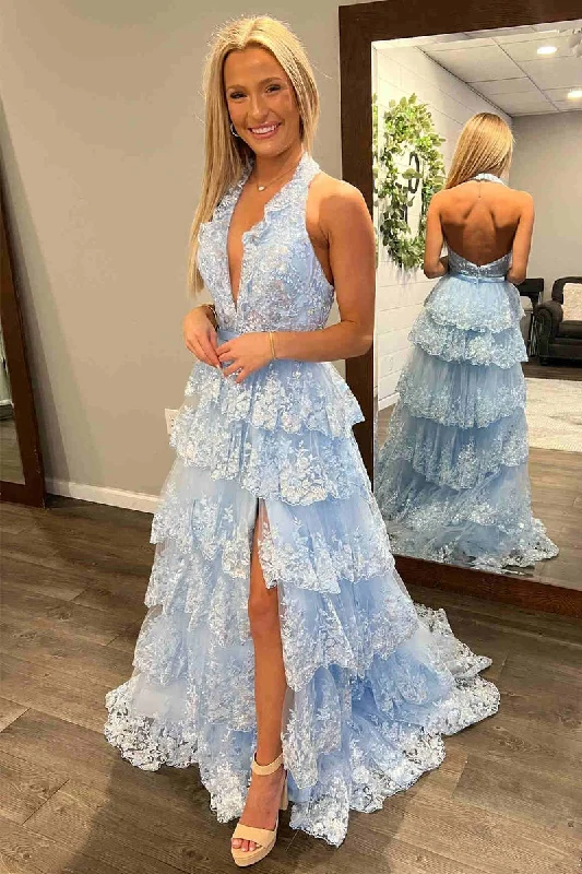 prom dresses with beaded accentsHalter Light Blue Long Prom Dresses Tiered Ruffle Appliques Formal Dress