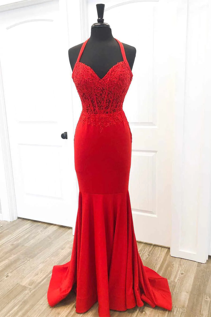 prom dresses for apple shapesHalter Red Mermaid Long Prom Dresses Lace Appliques