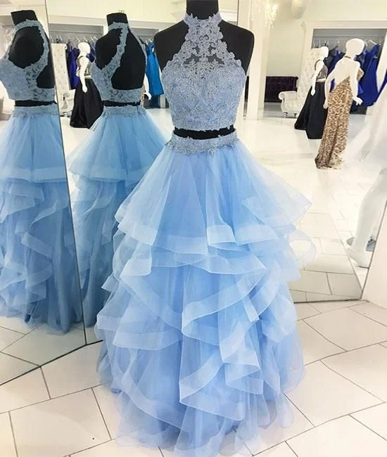 prom dresses for curve-hugging figuresHalter Two Pieces Prom Dress Blue Tulle Lace Long Formal Dress