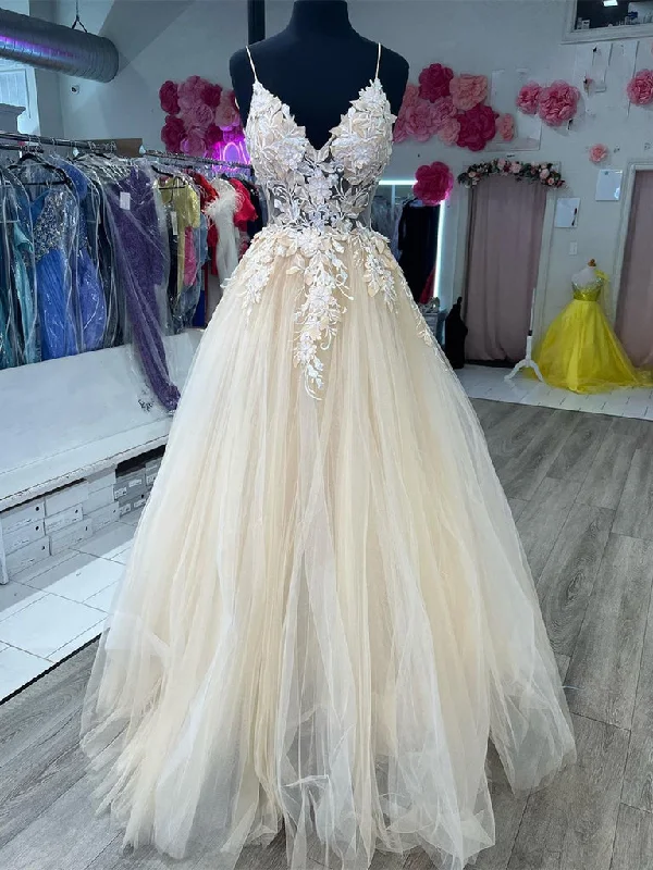 plus-size prom dressesHot A Line Tulle Lace V Neck Champagne Formal Prom Dresses Online