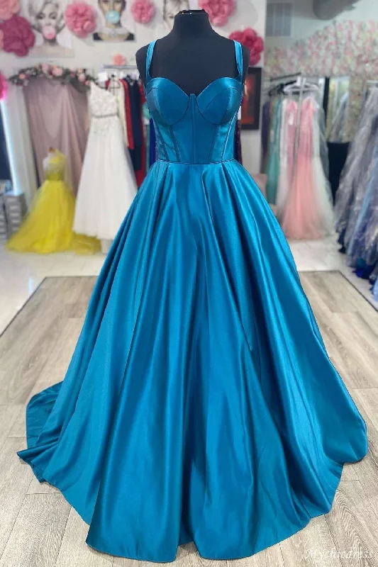 modern prom dressesHot Blue Satin Long Formal Gown Sweetheart Cheap 2024 Prom Dress A Line