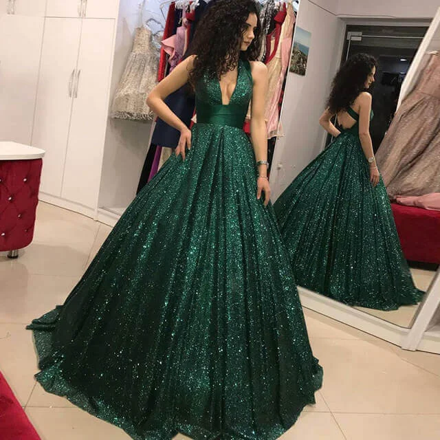 chiffon prom dresses2025 Hot Green Sequined Prom Dresses Long V Neck Ball Gown Quinceanera Dresses