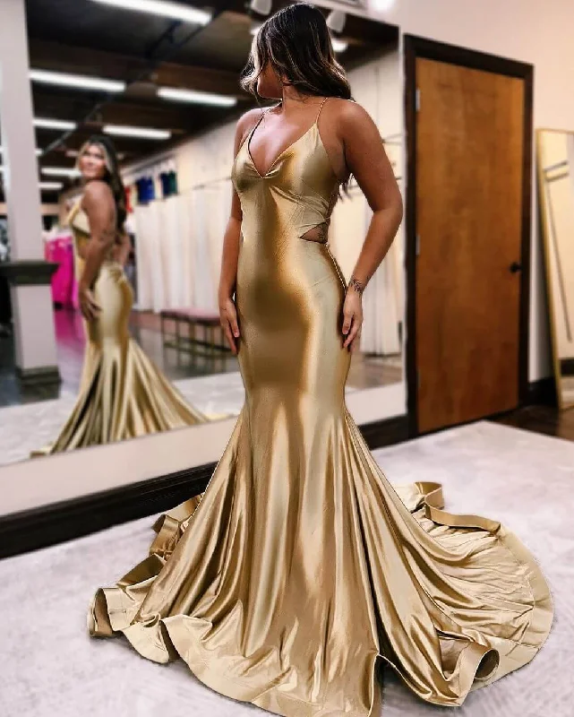 long prom dressesHot Simple Gold Prom Dresses 2024 Satin Mermaid Formal Dress