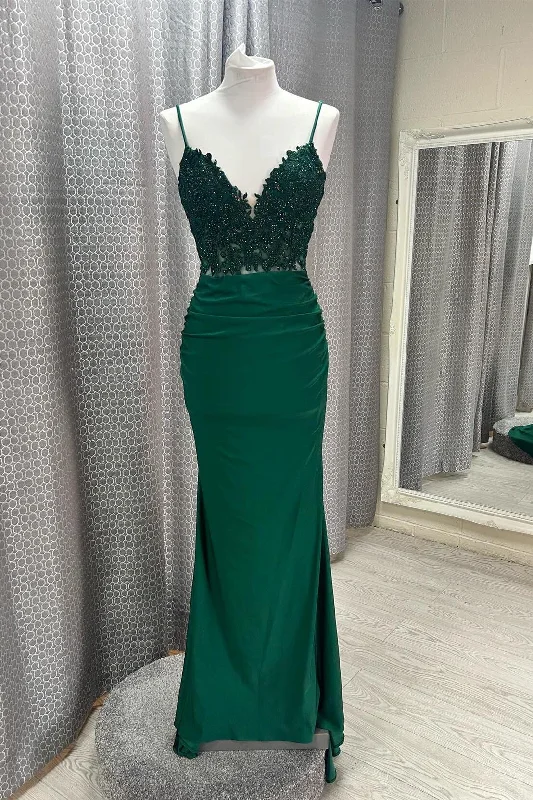 custom prom dressesHot V Neck Dark Green Prom Dresses Mermaid Straps Appliques