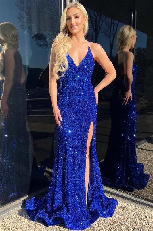 open-back prom dressesHot V Neck Royal Blue Prom Dresses Sequin Mermaid