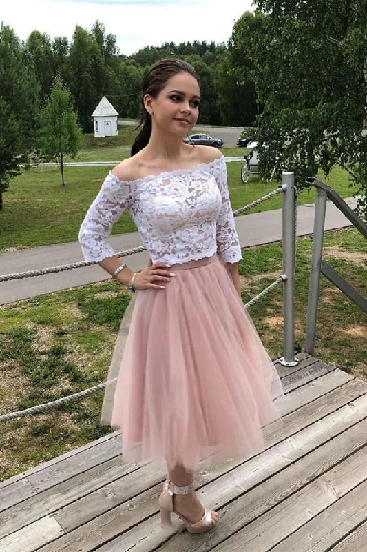 prom dresses for apple shapesLace Two Piece Homecoming Dresses Short Tulle Prom Dress