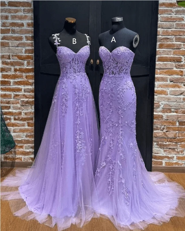 mini prom dressesLeaf Lace Long Violet Purple Prom Dresses Corset Bodice