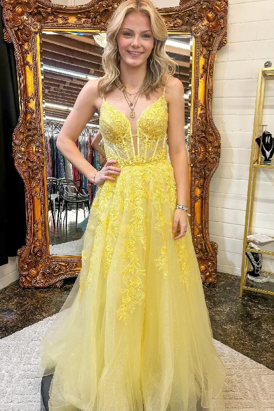 prom dress fitting adviceLong 2024 Yellow Floral Prom Dresses A-line Spaghetti Straps