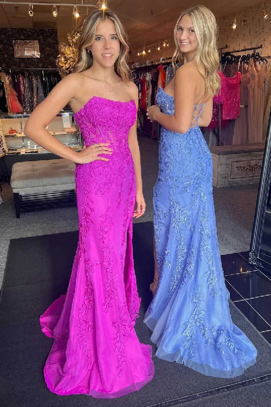 lace-up prom dressesLong Corset Prom Dresses Lace Strapless Mermaid with Slit