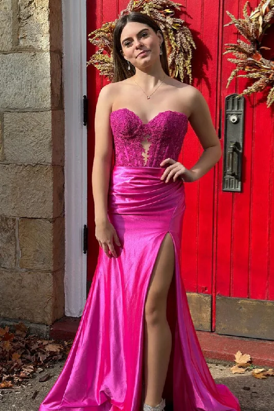 prom dress try-on ideas2025 Long Magenta Formal Dress Fuchsia Prom Dress Satin Strapless