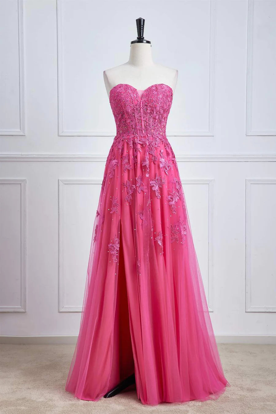 chiffon prom dressesLong Fuchsia Prom Dresses Strapless A-line Floral Formal Wear Slit