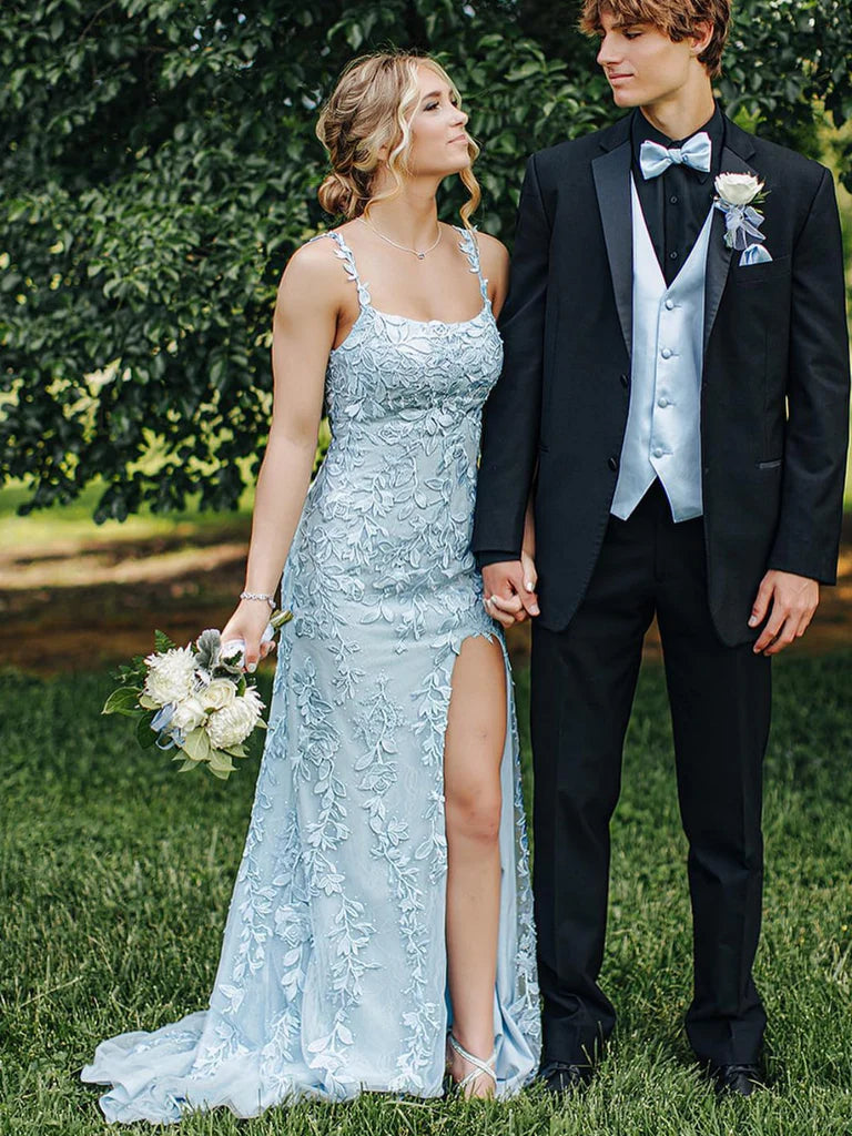 ready-to-wear prom dressesLong Mermaid Lace Light Blue Formal Prom Dresses Open Back