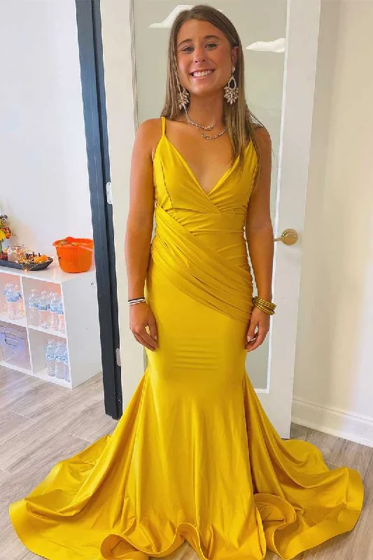 plus-size prom dressesLong Mustard Yellow Prom Dresses Straps Mermaid Pleated