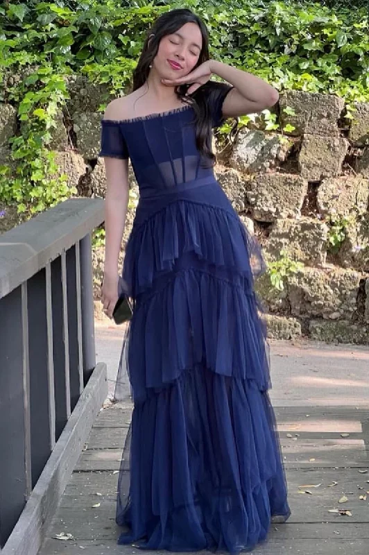 prom dresses with lace appliquésLong Navy Blue Tiered Prom Dress Tulle Off the Shoulder Formal Dress