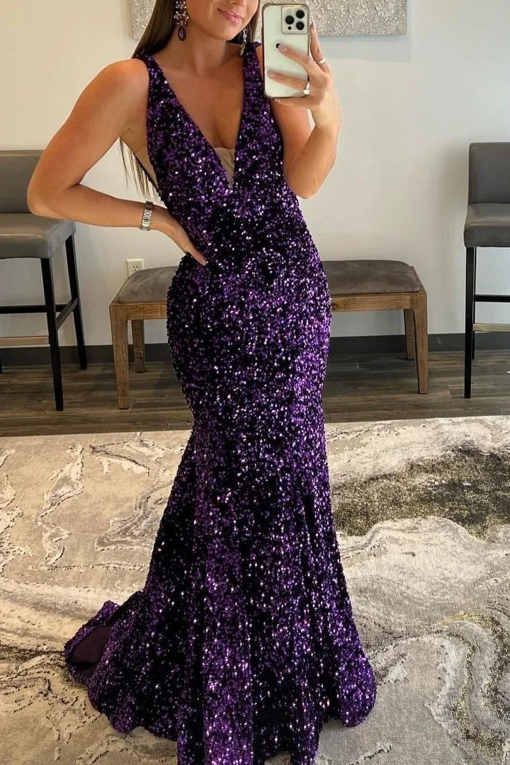 bodycon prom dressesLong Purple Sequins Prom Dress UK Deep V Neck Mermaid