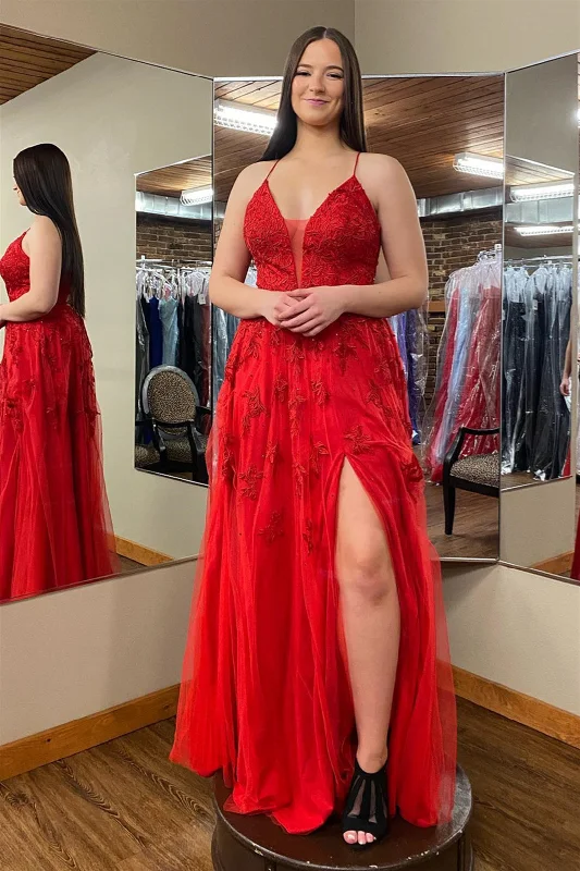 prom dress style guides2025 Long Red Floral Prom Dresses Cheap Plunging V Neck Appliques