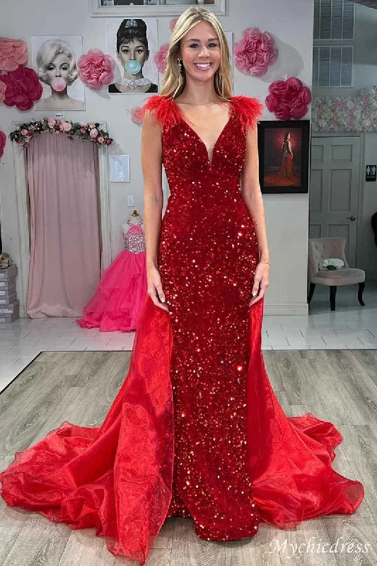 elegant prom dressesLong red 2024 sequin Mermaid Prom Dresses v-neck with Feathers