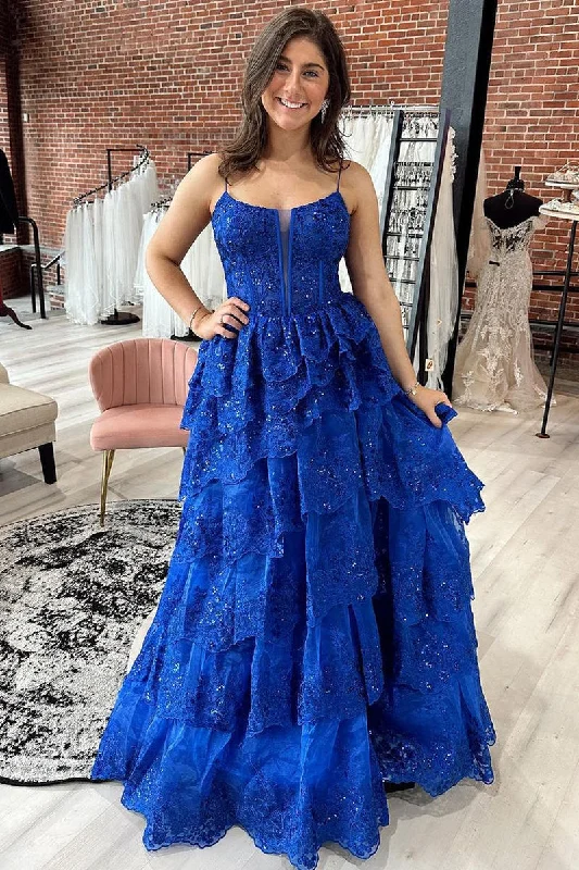 prom dresses with floral embroideryLong Royal Blue Tiered Prom Dress A-Line Sequins Straps