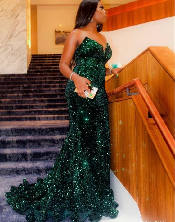 silk prom dressesLong Sequin Prom Dress Dark Green Mermaid Formal Dresses Black Women