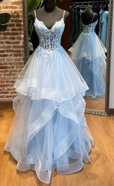 bespoke prom dressesLong Straps Tiered Blue Prom Dresses Lace Tulle