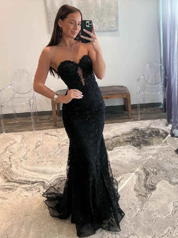 prom dresses with trainsMermaid Lace Long Black Prom Dresses Strapless with sequins