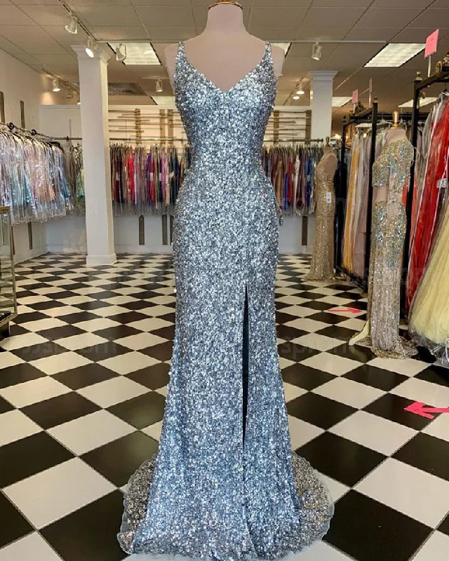 illusion sleeve prom dressesMermaid Silver Sequin Prom Dress V-Neck Long Formal Gown Slit