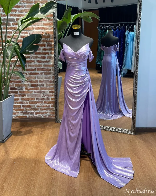 prom dress preservationOff the Shoulder Lilac Prom Dresses A-Line with Split