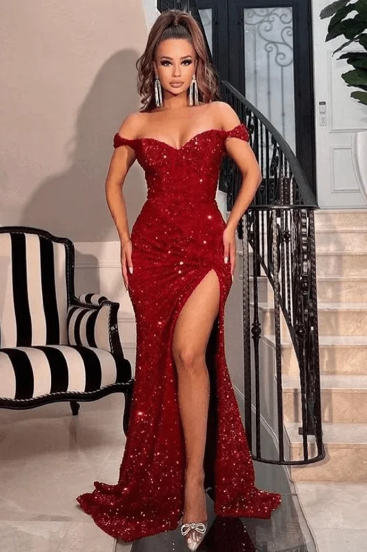 prom dress shopping tipsOff the Shoulder Sequin Burgundy Mermaid Prom Dresses Shiny