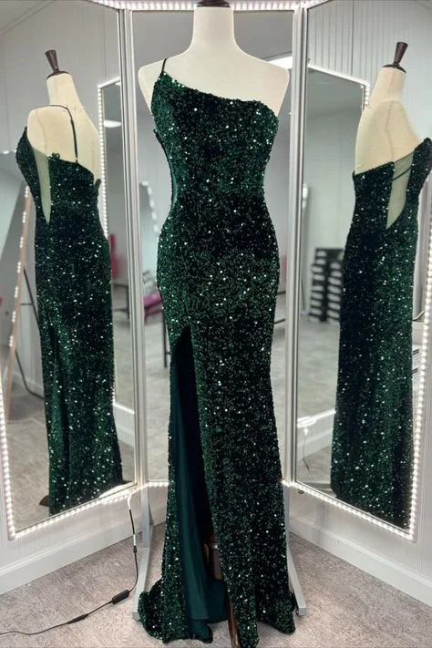 prom dresses with beaded accentsOne Shoulder Long Emerald Green Prom Dress Mermaid Sequin