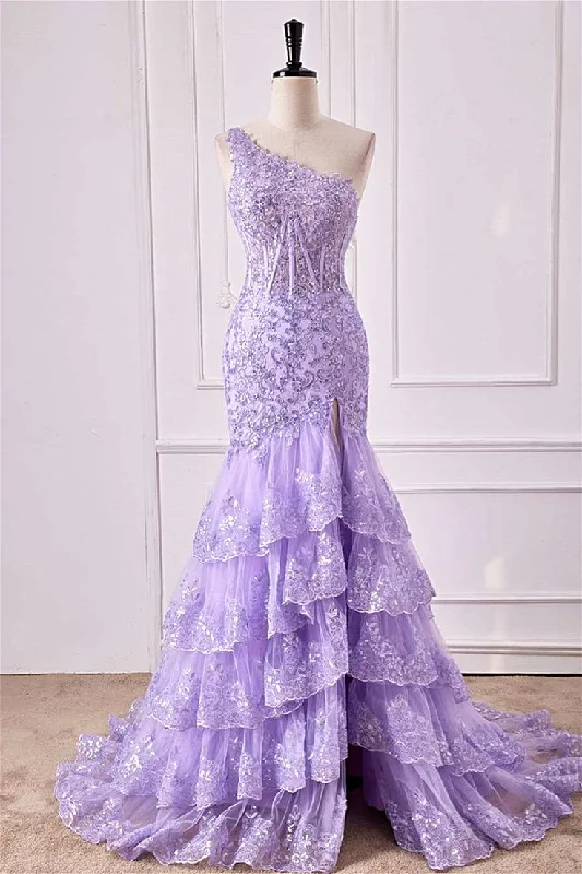 floral prom dressesOne Shoulder Sequin Violet Purple Prom Dress Tiered Ruffle Mermaid Appliqeus