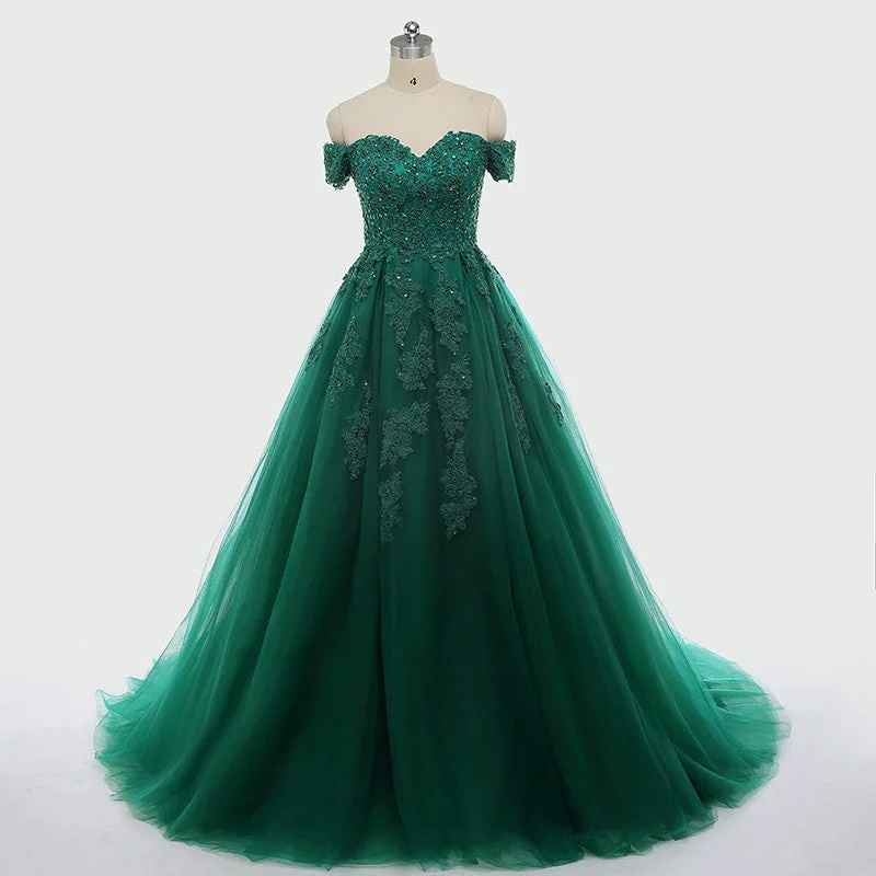 prom dresses with beaded accentsReal Off Shoulder Green Prom Dresses Beaded Appliques Emerald Quince Dress