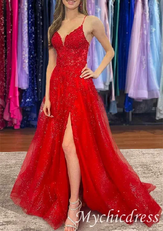 maxi prom dressesRed V Neck Lace Sequin Prom Dresses with split