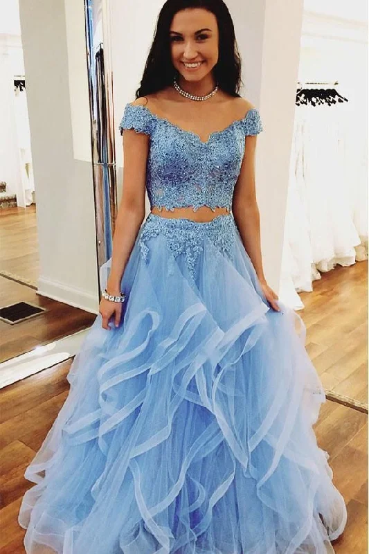 prom dresses with detachable sleevesRuffles Two Pieces Blue Lace Prom Dress Off Shoulder