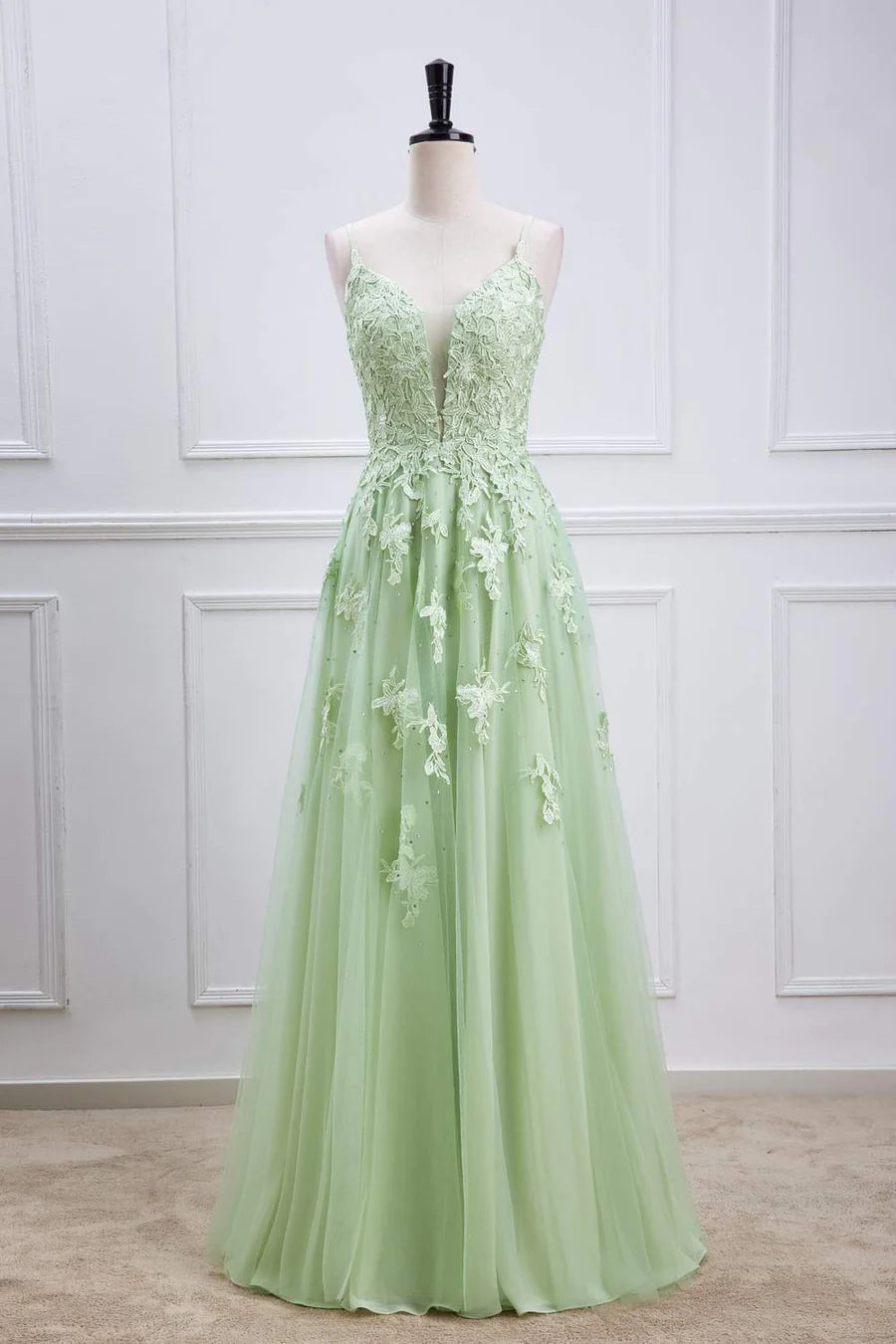 spaghetti strap prom dressesSage Green Long Prom Dresses Lace Appliques V Neck Lace-Up