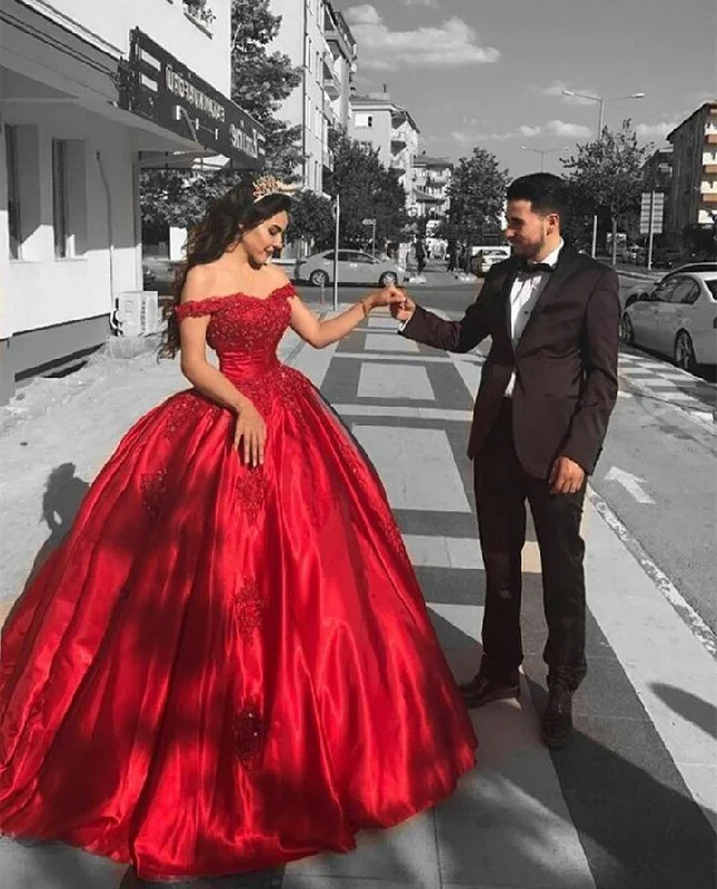 pastel prom dressesSatin Ball Gown Red Prom Dress Off Shoulder Sweetheart 16 Dresses