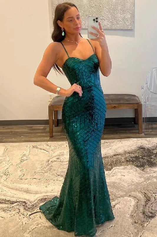 prom dress cleaningSequin Long Prom Dress Dark Green Straps Mermaid Formal Gown