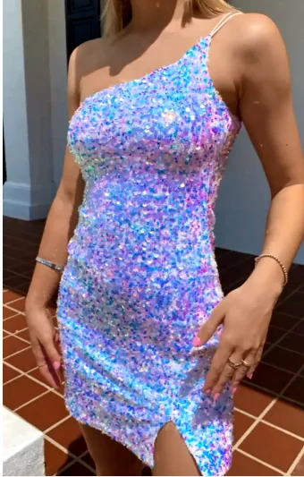 halter neck prom dressesSequin Short Prom Dresses 2025 One Shoulder Glitter Homecoming Dress