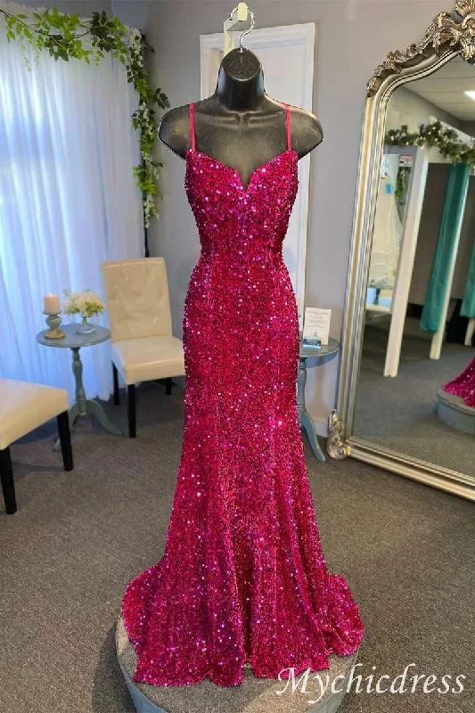 prom dresses for summerSexy 2024 Fuchsia Long Formal Prom Dresses Iridescent Sequin Mermaid Sleeveless