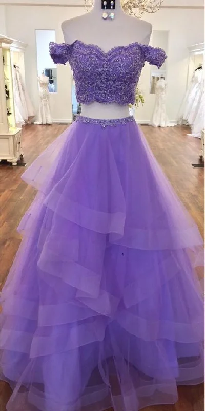 prom dresses with trainsSexy Violet Purple Prom Dresses two Piece A Line Off the shoulder