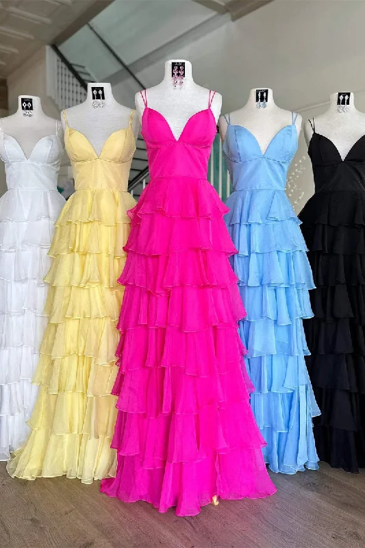 prom dress color trendsSheath Hot Pink Chiffon Tiered Prom Dresses 2025 V Neck