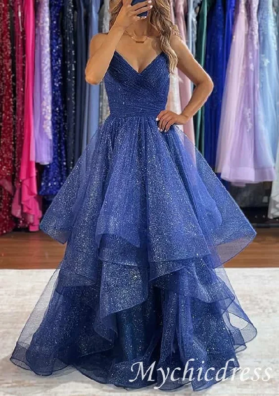 prom dresses for winterShiny V Neck Navy Blue Long Prom Dresses Puffy