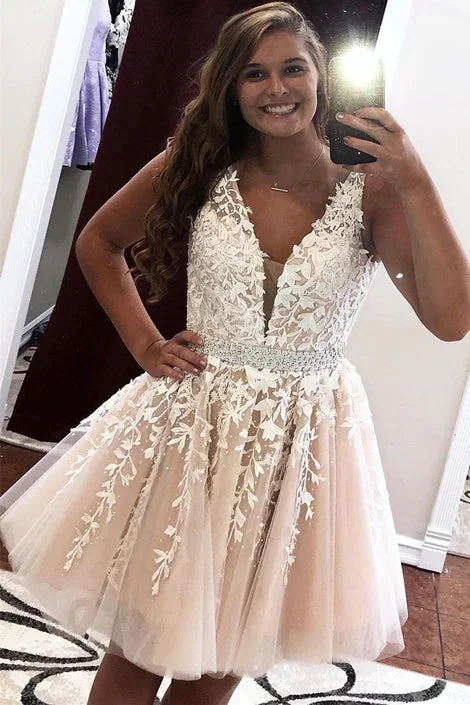 open-back prom dressesShort A Line Lace Homecoming Dresses V Neck Prom Dresses