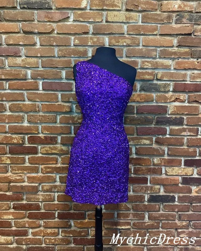 sleeveless prom dressesShort Purple Sequin Prom Dresses One Shoulder Hoco Dresses