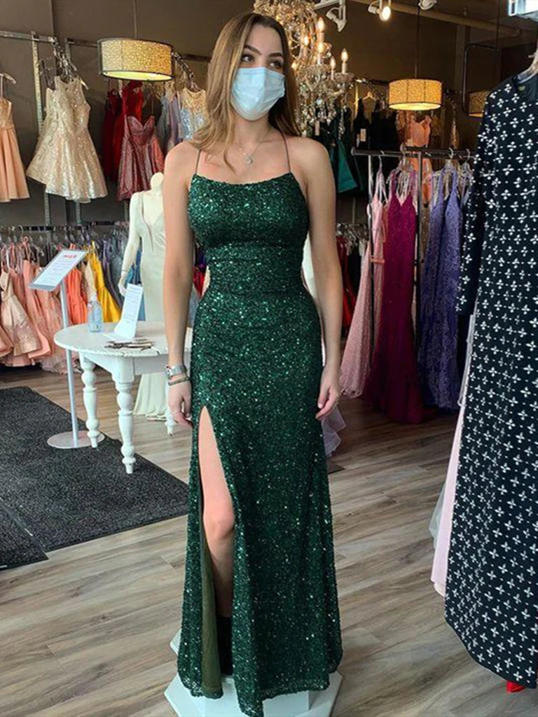 prom dress try-on ideasSimple Spaghetti Straps Dark Green Sequin Prom Dresses Mermaid