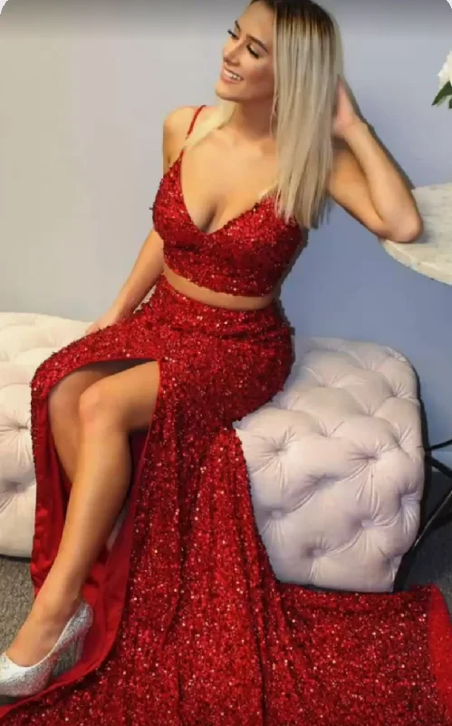 prom dresses for plus-size figuresSimple Two Piece Sequins Prom Dress Red Mermaid