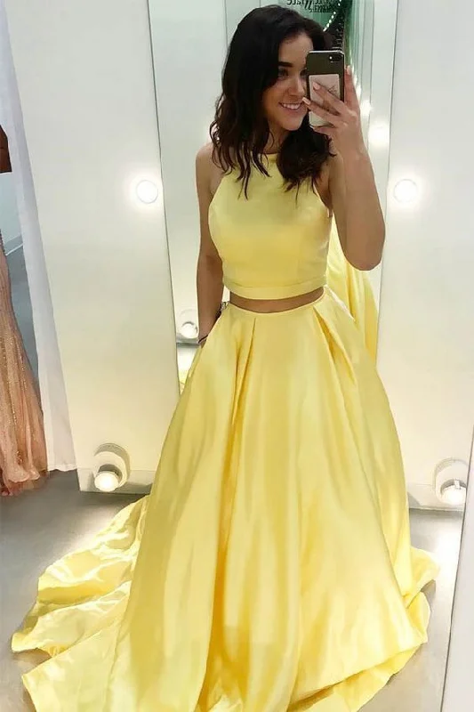 affordable prom dressesSimple Two Piece Yellow Prom Dresses Satin Long With Pockets